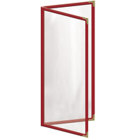 H. Risch, Inc. TED Deluxe Sewn 4 1/4 inch x 11 inch Red 4 View Menu Cover with Gold Decorative Corners and Gloss Finish
