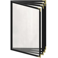 H. Risch, Inc. TEDD Deluxe Sewn 5 1/2 inch x 8 1/2 inch Black 8 View Menu Cover with Gold Decorative Corners and Gloss Finish