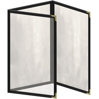H. Risch, Inc. TET Deluxe Sewn 5 1/2 inch x 8 1/2 inch Black 6 View Foldout Vinyl Menu Cover With Gold Decorative Corners and Gloss Finish