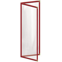 H. Risch, Inc. TED Deluxe Sewn 4 1/4 inch x 14 inch Red 4 View Menu Cover with Gold Decorative Corners and Gloss Finish