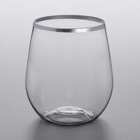 Silver Visions 12 oz. Heavy Weight Clear Plastic Stemless Wine Glass with Silver Rim - 64/Case