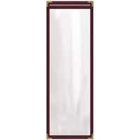 H. Risch, Inc. TES Deluxe Sewn 4 1/4" x 14" Maroon 2 View Vinyl Menu Cover with Gold Decorative Corners and Gloss Finish