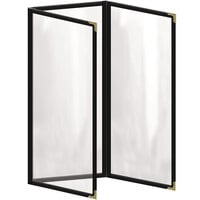 H. Risch, Inc. TET Deluxe Sewn 4 1/4 inch x 11 inch Black 6 View Foldout Vinyl Menu Cover With Gold Decorative Corners and Gloss Finish