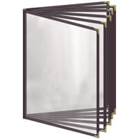 H. Risch, Inc. TE-12V Deluxe Sewn 8 1/2" x 11" Brown 12 View Vinyl Menu Cover with Gold Decorative Corners and Gloss Finish