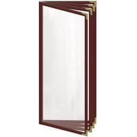 H. Risch, Inc. TEDD Deluxe Sewn 4 1/4" x 11" Maroon 8 View Menu Cover with Gold Decorative Corners and Gloss Finish