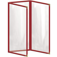 H. Risch, Inc. TET Deluxe Sewn 4 1/4 inch x 11 inch Red 6 View Foldout Vinyl Menu Cover With Gold Decorative Corners and Gloss Finish