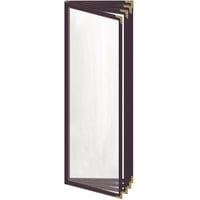 H. Risch, Inc. TEDD Deluxe Sewn 4 1/4" x 14" Brown 8 View Menu Cover with Gold Decorative Corners and Gloss Finish
