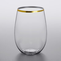 Gold Visions 16 oz. Heavy Weight Clear Plastic Stemless Wine Glass with Gold Rim - 64/Case