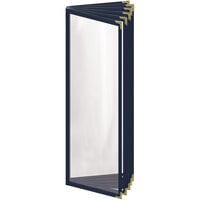 H. Risch, Inc. TE-12V Deluxe Sewn 4 1/4" x 14" Blue 12 View Vinyl Menu Cover with Gold Decorative Corners and Gloss Finish