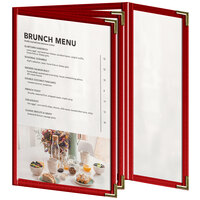 H. Risch, Inc. TETBQ Deluxe Sewn 5 1/2 inch x 8 1/2 inch Red 8 View Vinyl Menu Cover with Gold Decorative Corners and Gloss Finish