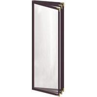 H. Risch, Inc. TETB Deluxe Sewn 4 1/4" x 14" Brown 6 View Vinyl Menu Cover with Gold Decorative Corners and Gloss Finish