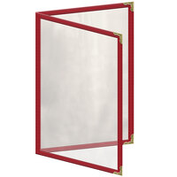 H. Risch, Inc. TED Deluxe Sewn 5 1/2 inch x 8 1/2 inch Red 4 View Menu Cover with Gold Decorative Corners and Gloss Finish