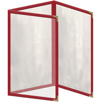 H. Risch, Inc. TET Deluxe Sewn 5 1/2 inch x 8 1/2 inch Red 6 View Foldout Vinyl Menu Cover With Gold Decorative Corners and Gloss Finish