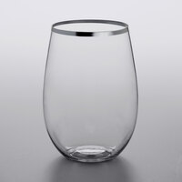 Silver Visions 16 oz. Heavy Weight Clear Plastic Stemless Wine Glass with Silver Rim - 64/Case