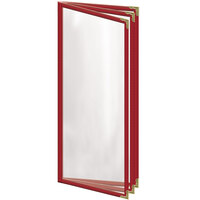 H. Risch, Inc. TETB Deluxe Sewn 4 1/4 inch x 11 inch Red 6 View Vinyl Menu Cover with Gold Decorative Corners and Gloss Finish