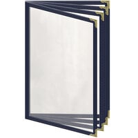 H. Risch, Inc. TEDD Deluxe Sewn 5 1/2" x 8 1/2" Blue 8 View Menu Cover with Gold Decorative Corners and Gloss Finish