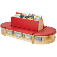Jonti-Craft Baltic Birch 37660JC Read-a-Round 79 inch x 36 inch x 23 1/2 inch 3-Piece Wood Couch Set with Padded Red Seating and Clear Tubs / Trays