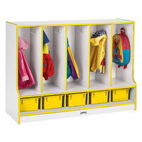 Rainbow Accents 6685JCWW007 48 inch x 17 1/2 inch x 35 inch Toddler-Height 5-Section Yellow TRUEdge Freckled-Gray Laminate Coat Locker with Yellow Trays and Step