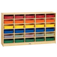 Jonti-Craft Baltic Birch 0931JC 60" x 15" x 35 1/2" Mobile 30-Section Wood Storage Cabinet with Colored Paper Trays