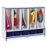 Rainbow Accents 6685JCWW003 48 inch x 17 1/2 inch x 35 inch Toddler-Height 5-Section Blue TRUEdge Freckled-Gray Laminate Coat Locker with Blue Trays and Step