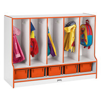 Rainbow Accents 6685JCWW114 48 inch x 17 1/2 inch x 35 inch Toddler-Height 5-Section Orange TRUEdge Freckled-Gray Laminate Coat Locker with Orange Trays and Step