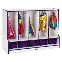 Rainbow Accents 6685JCWW004 48 inch x 17 1/2 inch x 35 inch Toddler-Height 5-Section Purple TRUEdge Freckled-Gray Laminate Coat Locker with Purple Trays and Step