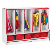 Rainbow Accents 6685JCWW008 48 inch x 17 1/2 inch x 35 inch Toddler-Height 5-Section Red TRUEdge Freckled-Gray Laminate Coat Locker with Red Trays and Step