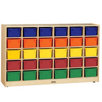 Jonti-Craft Baltic Birch 0431JC 57 1/2" x 15" x 35 1/2" Mobile 30-Cubbie Wood Storage Cabinet with Colored Trays