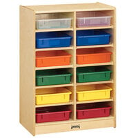 Jonti-Craft Baltic Birch 0613JC 24 1/2" x 15" x 35 1/2" Mobile 12-Section Wood Storage Cabinet with Colored Paper Trays
