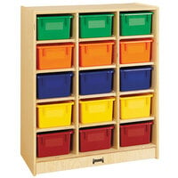 Jonti-Craft Baltic Birch 0648JC 29" x 15" x 35 1/2" Mobile 15-Cubbie Wood Storage Cabinet with Colored Trays