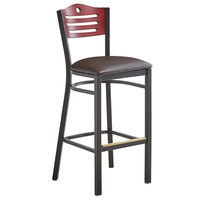 Lancaster Table & Seating Black Finish Bistro Bar Stool with Dark Brown Vinyl Seat and Mahogany Wood Back