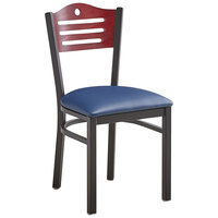 Lancaster Table & Seating Black Finish Bistro Chair with 2 1/2" Navy Vinyl Padded Seat and Mahogany Wood Back