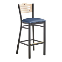 Lancaster Table & Seating Black Finish Side Bar Stool with Navy Vinyl Seat and Natural Wood Back - Assembled