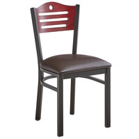 Lancaster Table & Seating Black Finish Bistro Chair with 2 1/2" Dark Brown Vinyl Padded Seat and Mahogany Wood Back