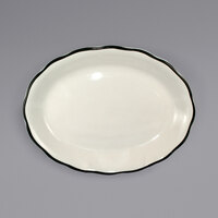 International Tableware SY-12 Sydney 9 7/8" x 7 1/4" Ivory (American White) Scalloped Edge Stoneware Platter with Black Rim - 24/Case