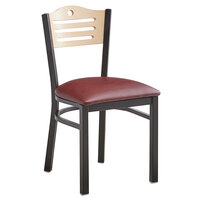 Lancaster Table & Seating Black Finish Bistro Chair with Burgundy Vinyl Seat and Natural Wood Back