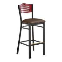 Lancaster Table & Seating Black Finish Side Bar Stool with Dark Brown Vinyl Seat and Mahogany Wood Back - Assembled