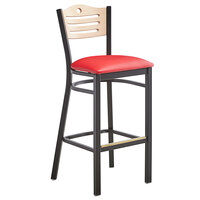 Lancaster Table & Seating Black Finish Side Bar Stool with Red Vinyl Seat and Natural Wood Back - Assembled