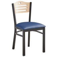 Lancaster Table & Seating Black Finish Bistro Chair with 2 1/2" Navy Vinyl Padded Seat and Natural Wood Back