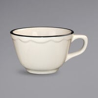 International Tableware SY-1 Sydney 7.5 oz. Ivory (American White) Scalloped Edge Stoneware Tall Cup with Black Rim - 36/Case