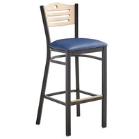 Lancaster Table & Seating Natural Finish Bar Height Bistro Dining Chair with 2" Navy Padded Seat