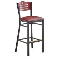 Lancaster Table & Seating Black Finish Bistro Bar Stool with Burgundy Vinyl Seat and Mahogany Wood Back