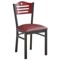 Lancaster Table & Seating Black Finish Bistro Chair with 2 1/2" Burgundy Vinyl Padded Seat and Mahogany Wood Back
