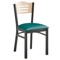 Lancaster Table & Seating Black Finish Bistro Chair with 2 1/2" Green Vinyl Padded Seat and Natural Wood Back