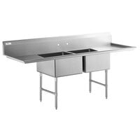Regency 96 inch 16-Gauge Stainless Steel Two Compartment Commercial Sink with Stainless Steel Legs, Cross Bracing, and 2 Drainboards - 23 inch x 23 inch x 12 inch Bowls