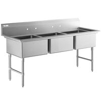 Regency 78 inch 16-Gauge Stainless Steel Three Compartment Commercial Sink with Stainless Steel Legs, Cross Bracing, and without Drainboards - 23 inch x 23 inch x 12 inch Bowls