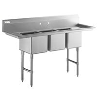 Regency 70 inch 16-Gauge Stainless Steel Three Compartment Commercial Sink with Stainless Steel Legs, Cross Bracing, and 2 Drainboards - 14 inch x 16 inch x 12 inch Bowls