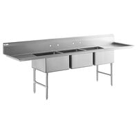 Regency 121 inch 16-Gauge Stainless Steel Three Compartment Commercial Sink with Stainless Steel Legs, Cross Bracing, and 2 Drainboards - 23 inch x 23 inch x 12 inch Bowls