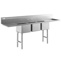 Regency 103 inch 16-Gauge Stainless Steel Three Compartment Commercial Sink with Stainless Steel Legs, Cross Bracing, and 2 Drainboards - 17 inch x 17 inch x 12 inch Bowls