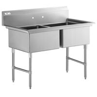 Regency 53 inch 16-Gauge Stainless Steel Two Compartment Commercial Sink with Stainless Steel Legs, Cross Bracing, and without Drainboards - 23 inch x 23 inch x 12 inch Bowls
